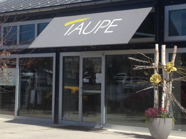 Flat panel fabric awning - Taupe Store Lancaster