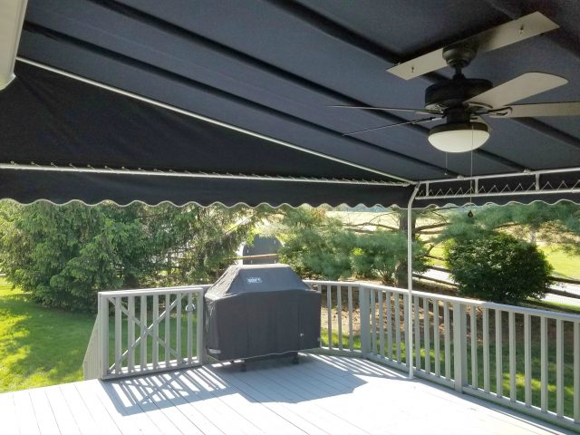 Patio awning cover with ceiling fan and light kit