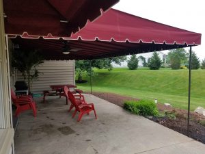 Patio awning cover with ceiling fan and light kit
