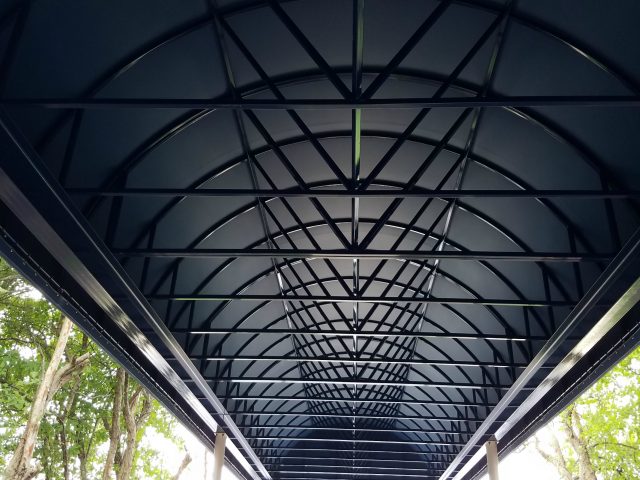 Commercial walkway canopy awning - Harrisburg - blue vangaurd vinyl fabric - lettering - powder coated frame
