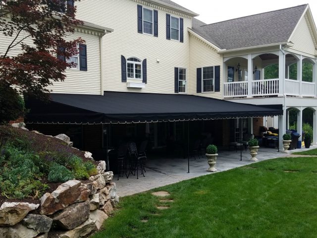 Large stationary patio canopy cover - Sunbrella fabric - black powder coated frame - Kreiders Canvas Lancaster PA