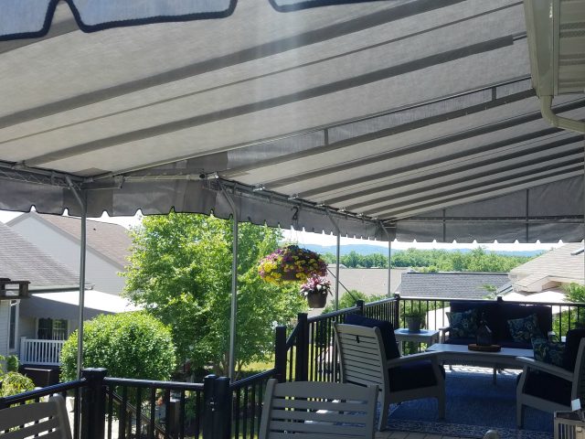 Stationary Canopy - actually use your deck this year - Grey sunbrella fabric deck awning cover