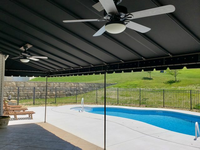 Relax by the pool - stationary canopy awning - black sunbrella fabric - powder coated frame - shade - canvas lancaster pa - black - roof mounted - custom