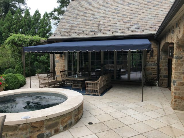 Navy Blue sunbrella stationary canopy patio deck shade outdoor living lancaster pa awning galvanized steel -