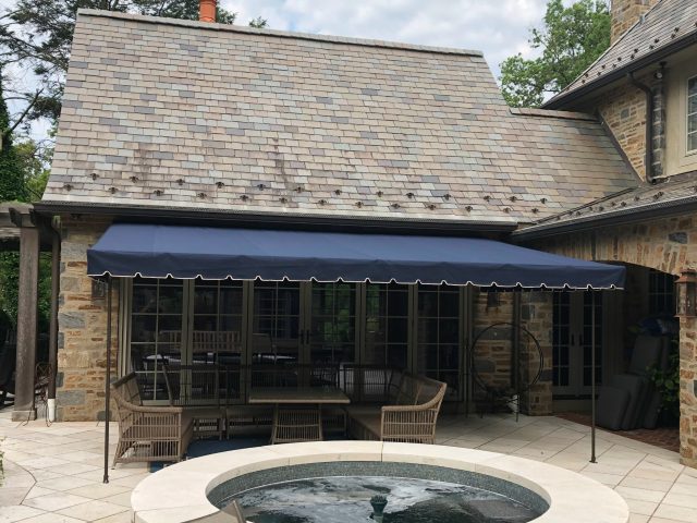 Navy Blue sunbrella stationary canopy patio deck shade outdoor living lancaster pa awning galvanized steel --