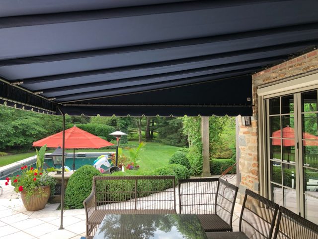 Navy Blue sunbrella stationary canopy patio deck shade outdoor living lancaster pa awning galvanized steel