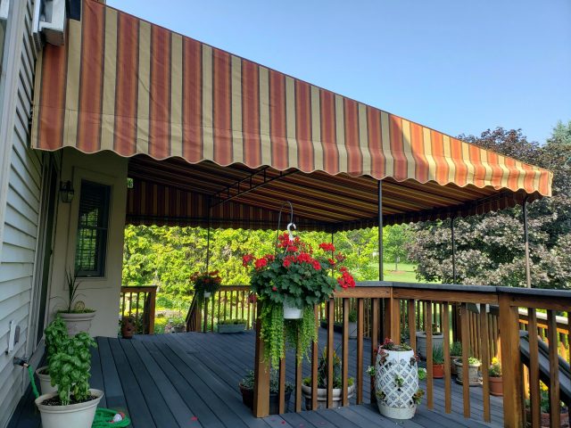 striped sunbrella fabric canvas awning stationary canopy outdoor living room lancaster lititz--