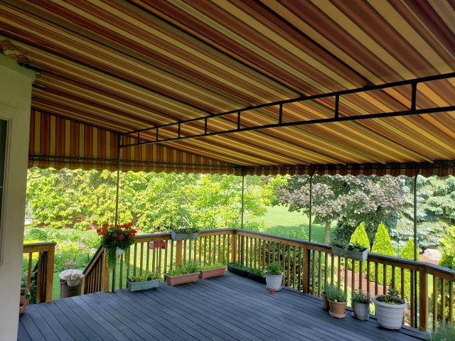striped sunbrella fabric canvas awning stationary canopy outdoor living room lancaster lititz---