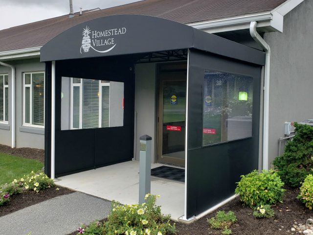 awning doorhood entrance canopy fabric canvas custom sewing lancaster lititz manheim church commercial residential vestibule clear side panels