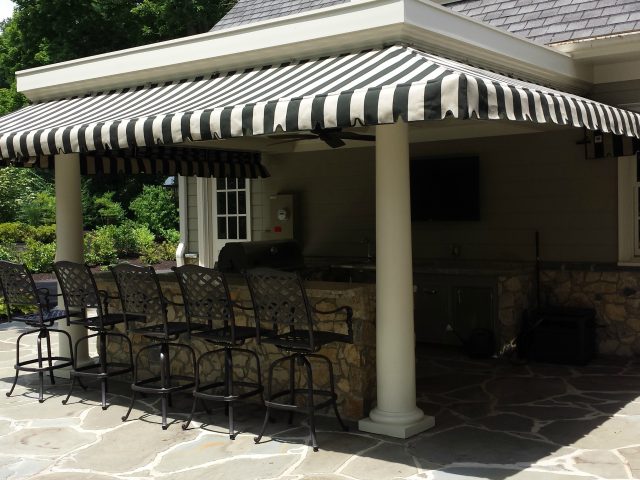 Porch awning wraparound striped sunbrella fabric lancaster pa pleated drop curtain privacy shade --