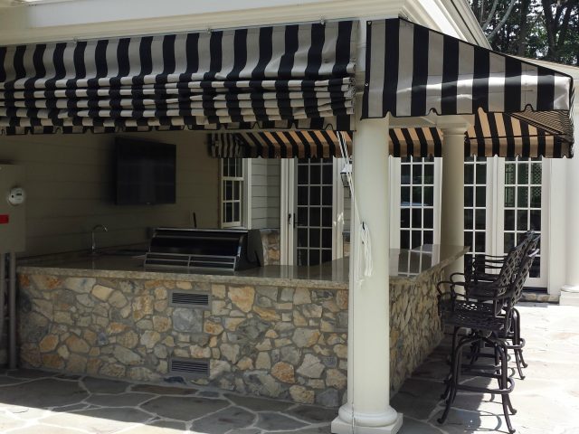Porch awning wraparound striped sunbrella fabric lancaster pa pleated drop curtain privacy shade