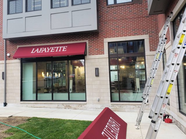 Lafayette College Awnings - Sunbrella fabric canvas lettering signage burgundy