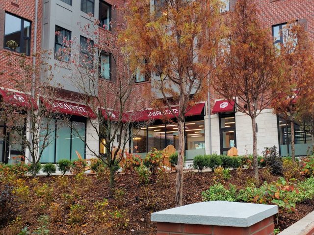 Lafayette College Awnings - Sunbrella fabric canvas lettering signage burgundy commercial facade storefront lancaster pa easton-