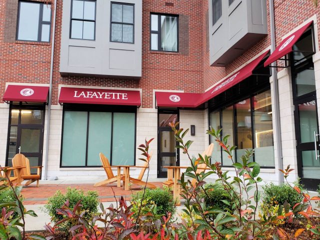 Lafayette College Awnings - Sunbrella fabric canvas lettering signage burgundy commercial facade storefront lancaster pa easton--