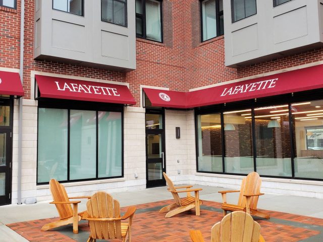 Lafayette College Awnings - Sunbrella fabric canvas lettering signage burgundy commercial facade storefront lancaster pa easton---
