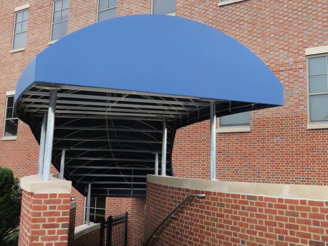 Lancaster heath campus entrance awning over stairs fabric canopy