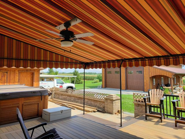 Stationary Sunbrella Fabric Deck Canopy Awning Lancaster PA Outdoor Living stripes ceiling fan fields---