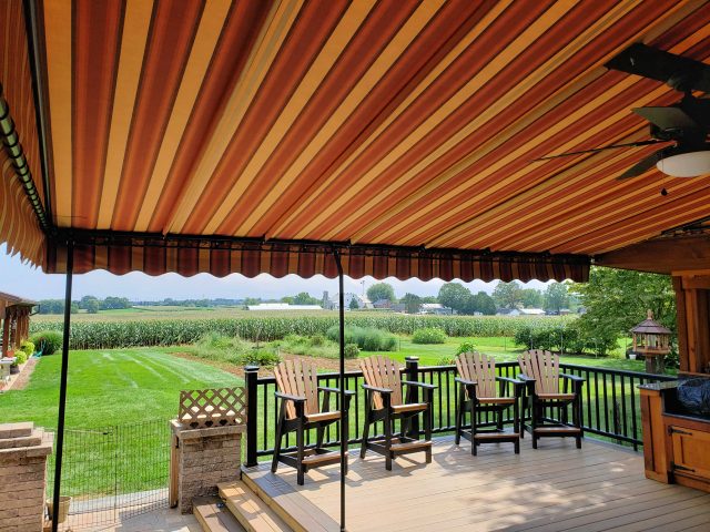 Stationary Sunbrella Fabric Deck Canopy Awning Lancaster PA Outdoor Living stripes ceiling fan fields