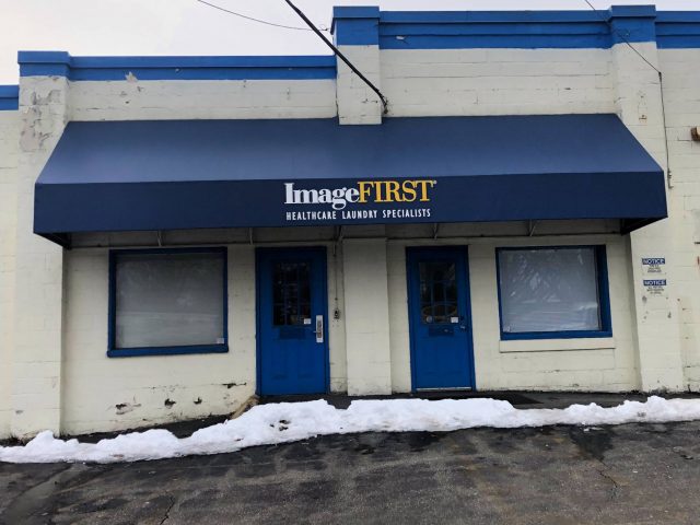 Image First Lancaster - commercial awning recanvas with graphics lettering deep sea blue vanguard vinyl-