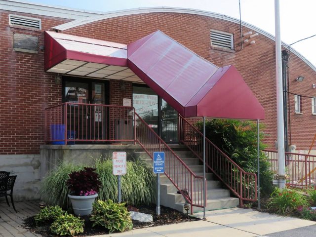 Borough of Sinking Springs - BEFORE - commercial entrance canopy over steps - awning - fabric - canvas - vinyl