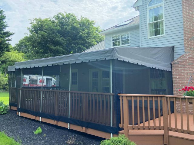 stationary fixed frame deck patio sunbrella fabric canvas canopy cover lancaster awning pa retractable screening mosquito netting bug