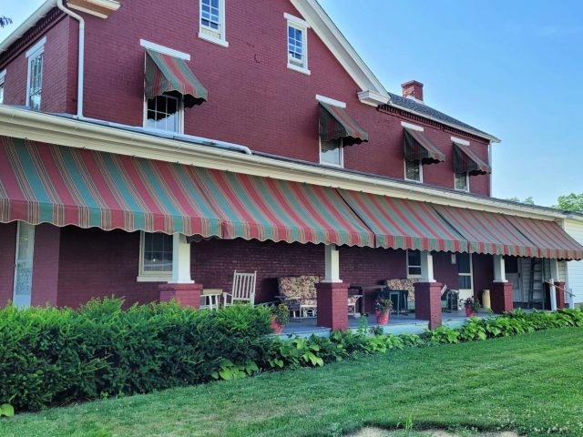 porch window awnings canopy canopies red green stripe sunbrella fabric canvas lancaster pa shade