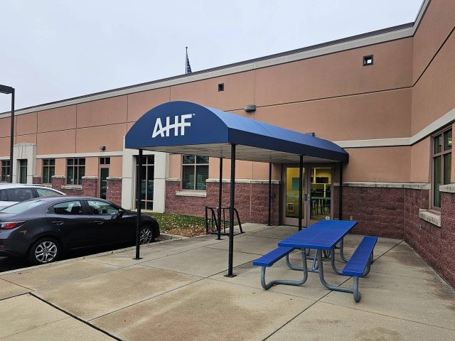 AHF Entranceway canopy eggcrating logo signage graphices awning fixed frame blue vanguard vinyl fabric lancaster pa